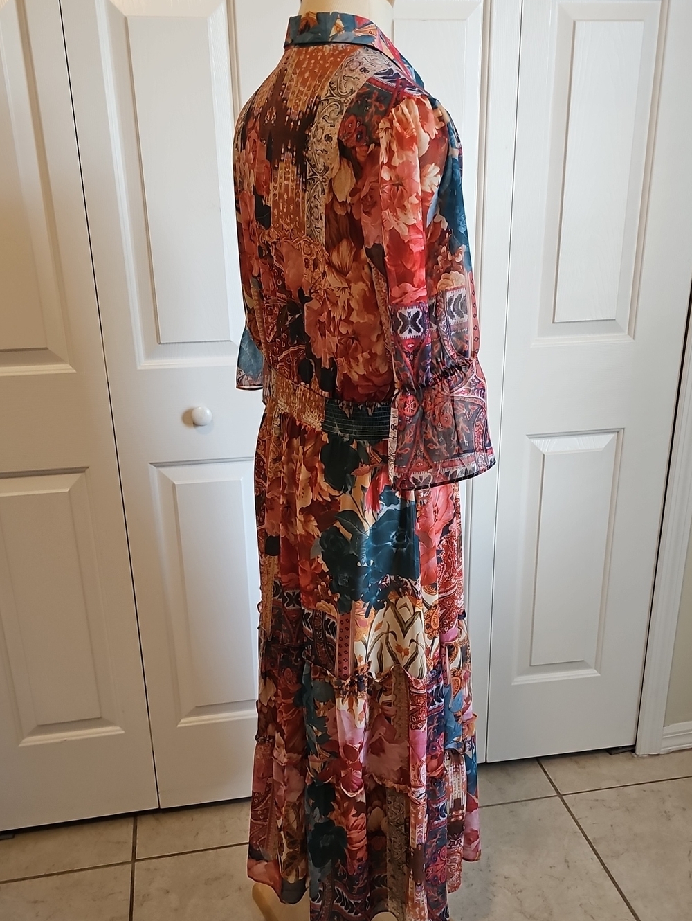 Chico's Patchwork Floral Paisley Maxi Dress Womens Size 8 M Boho Chiffon Tiered - Picture 5 of 6